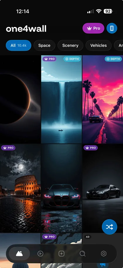 One4Wall wallpaper library on iPhone with categories and fresh designs