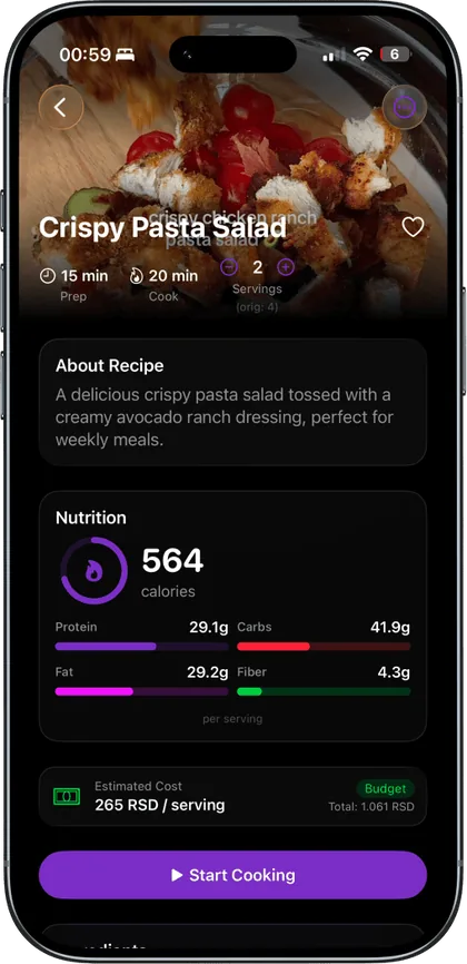 Vule recipe detail with ingredients, nutrition and cooking steps