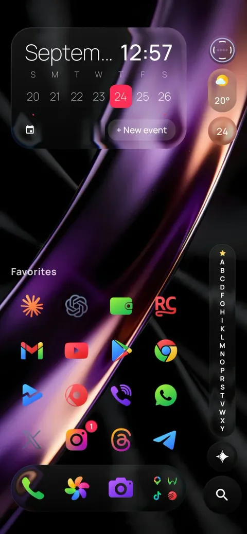 One4Home Android launcher with Amethyst Silk icons and widgets