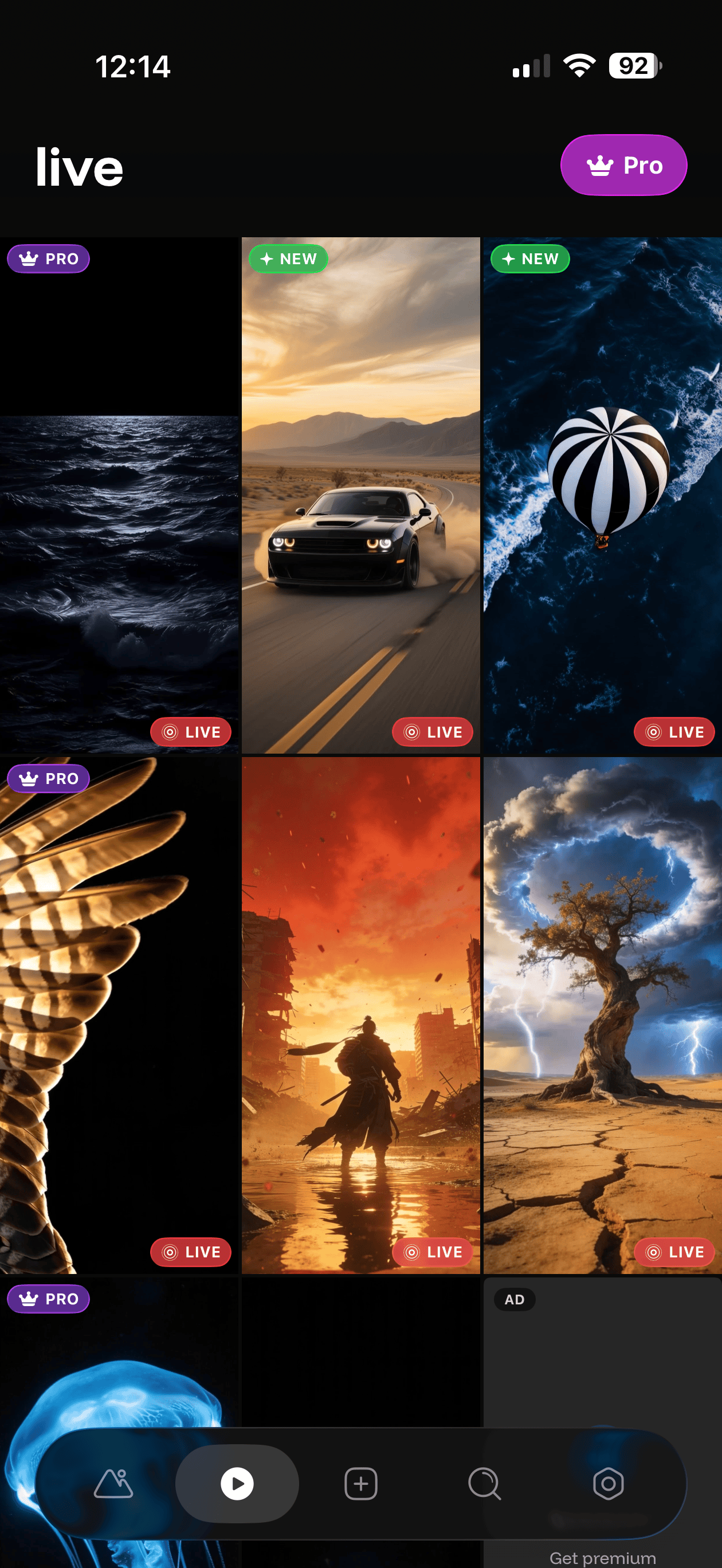 One4Wall Live tab showing animated wallpapers